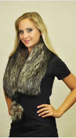 Silver fox  fur scarf  with pom poms